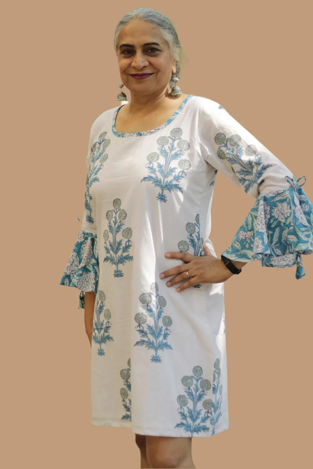 Sayali | Short Dress | Teal Blooms Sanganeri
