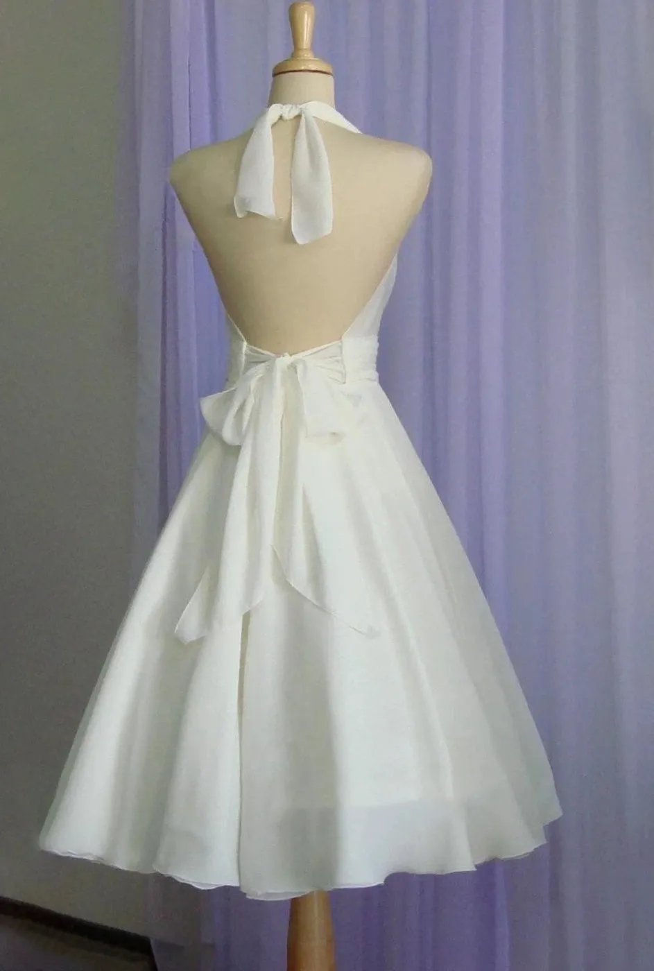 Sebella | Vintage Tea-Length Chiffon Wedding Dress With Halter Neck and Bow