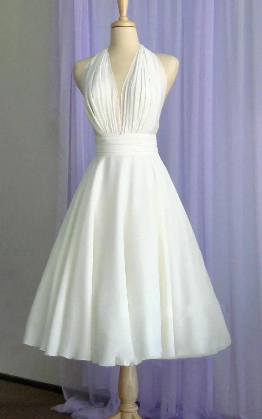 Sebella | Vintage Tea-Length Chiffon Wedding Dress With Halter Neck and Bow