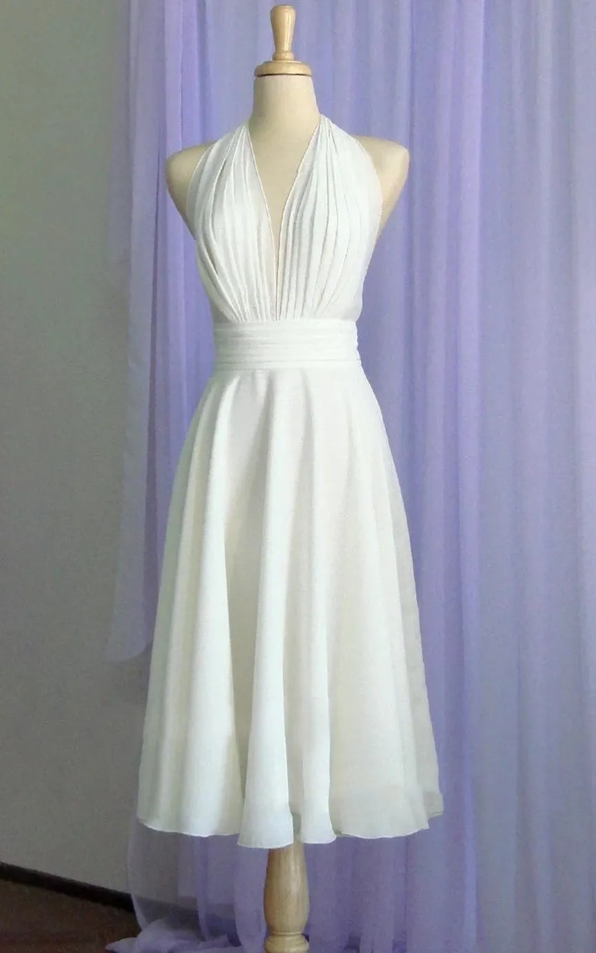 Sebella | Vintage Tea-Length Chiffon Wedding Dress With Halter Neck and Bow