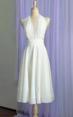 Sebella | Vintage Tea-Length Chiffon Wedding Dress With Halter Neck and Bow
