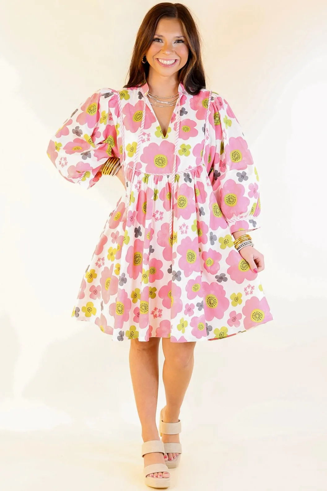 Serene Style Floral Print Dress with 3/4 Sleeves in Off White