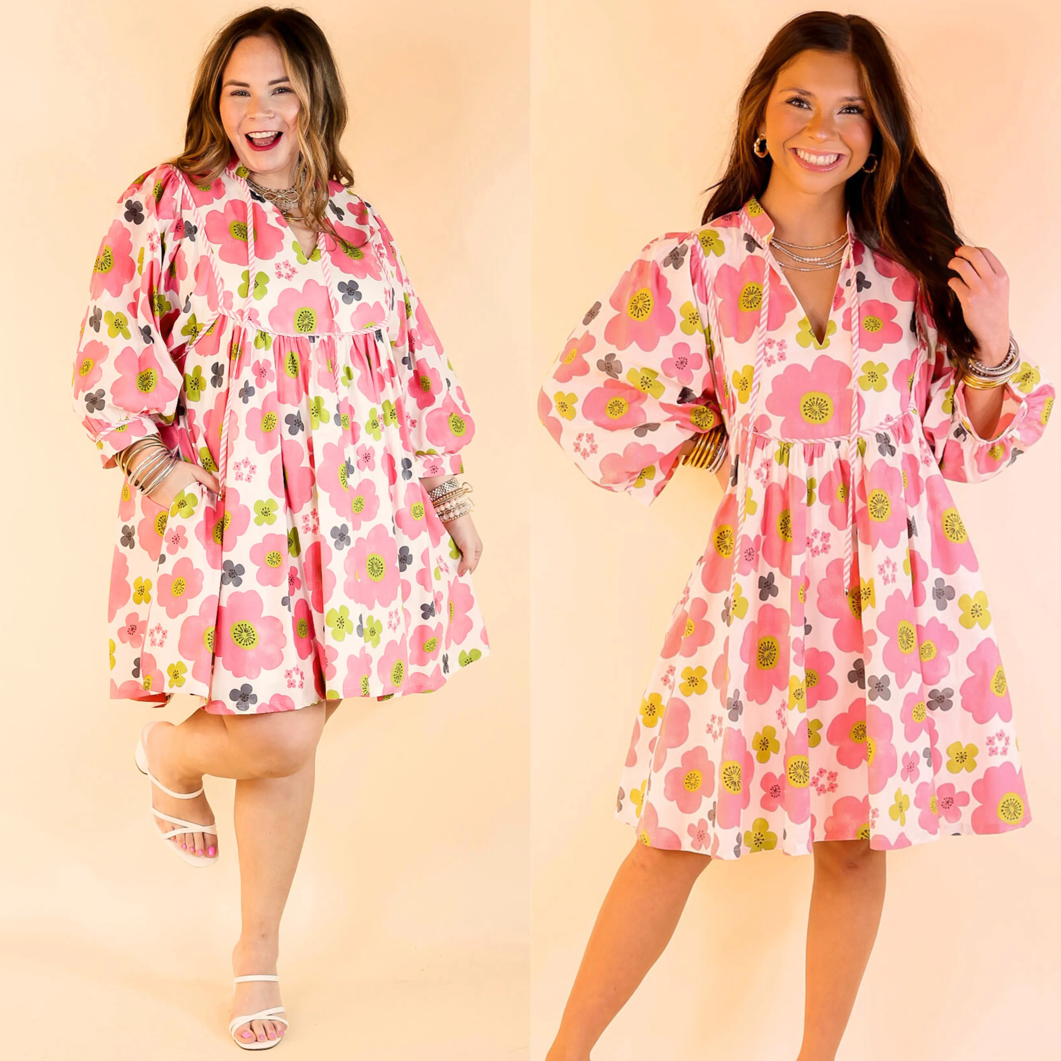 Serene Style Floral Print Dress with 3/4 Sleeves in Off White