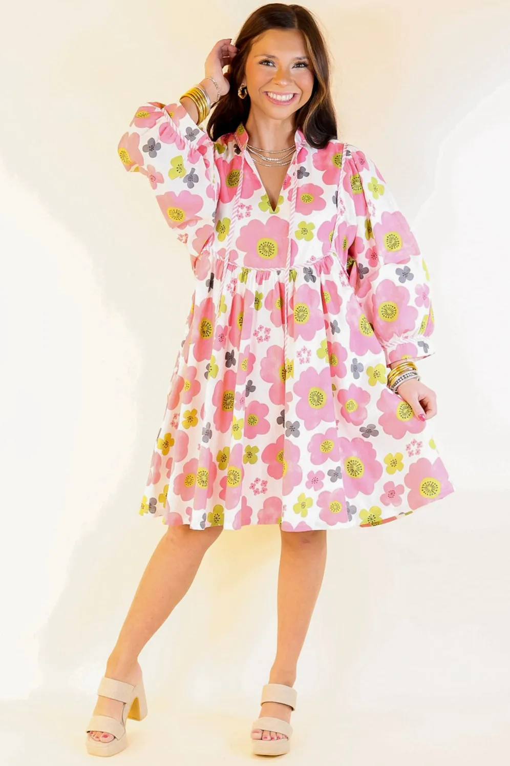 Serene Style Floral Print Dress with 3/4 Sleeves in Off White