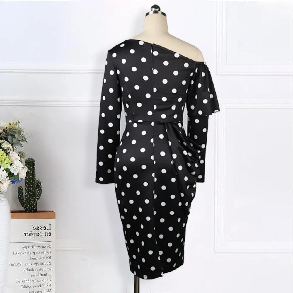 Sexy One-shoulder Long-sleeved Polka-dot High-waisted Slim-fit Large Size Package Hip And Ruffled Dress For Women