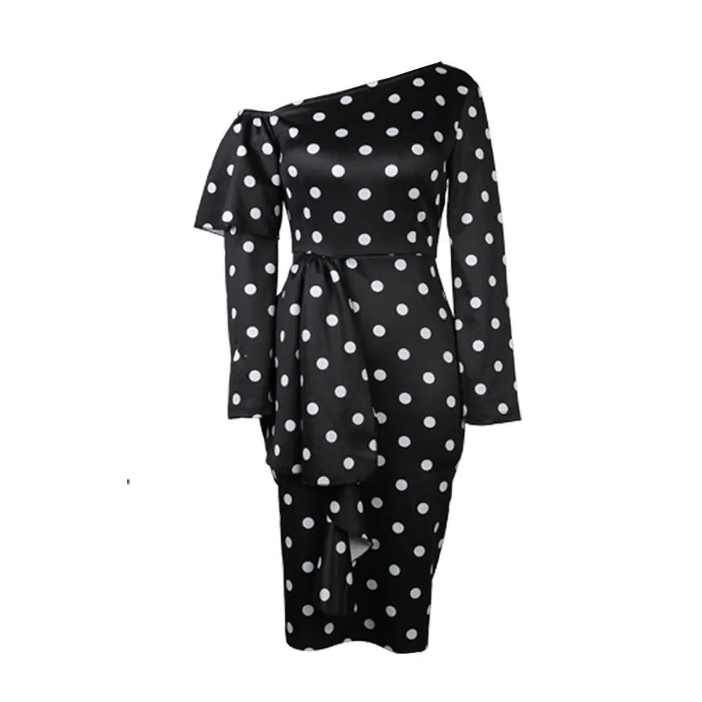 Sexy One-shoulder Long-sleeved Polka-dot High-waisted Slim-fit Large Size Package Hip And Ruffled Dress For Women