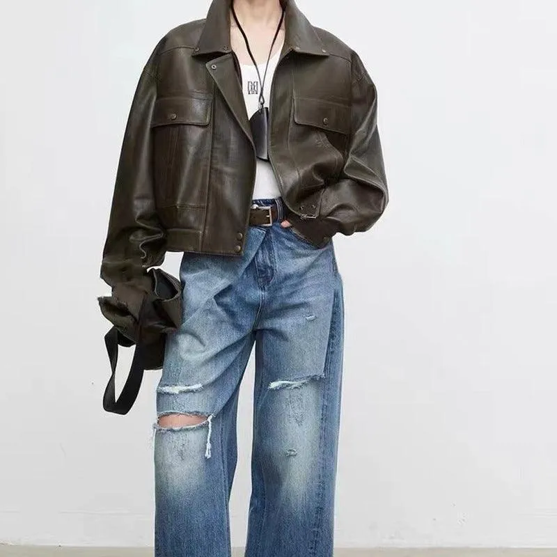Sheepskin jacket Retro Loose Profile Casual Short Jacket – Effortless Elegance in Genuine Leather