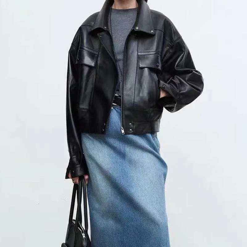 Sheepskin jacket Retro Loose Profile Casual Short Jacket – Effortless Elegance in Genuine Leather