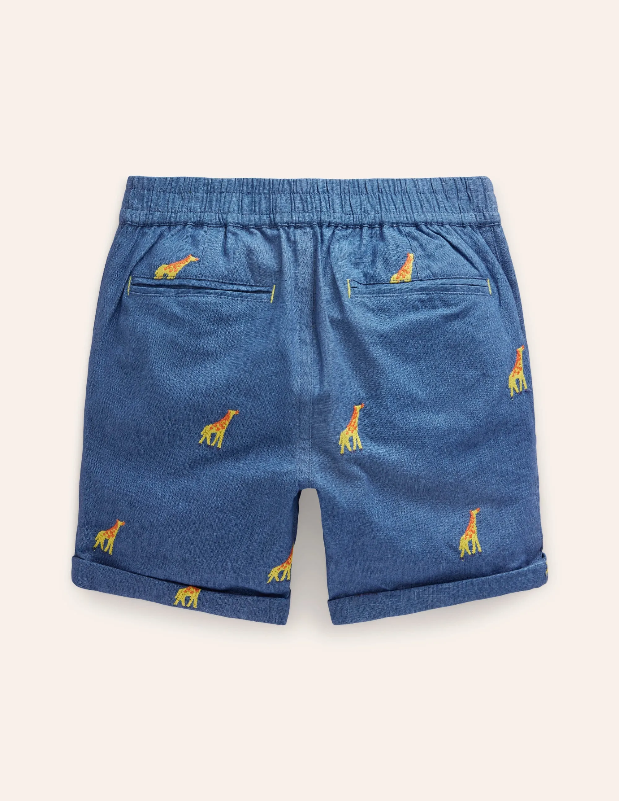 Smart Roll Up Shorts-Chambray Giraffe Embroidery
