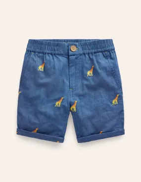 Smart Roll Up Shorts-Chambray Giraffe Embroidery