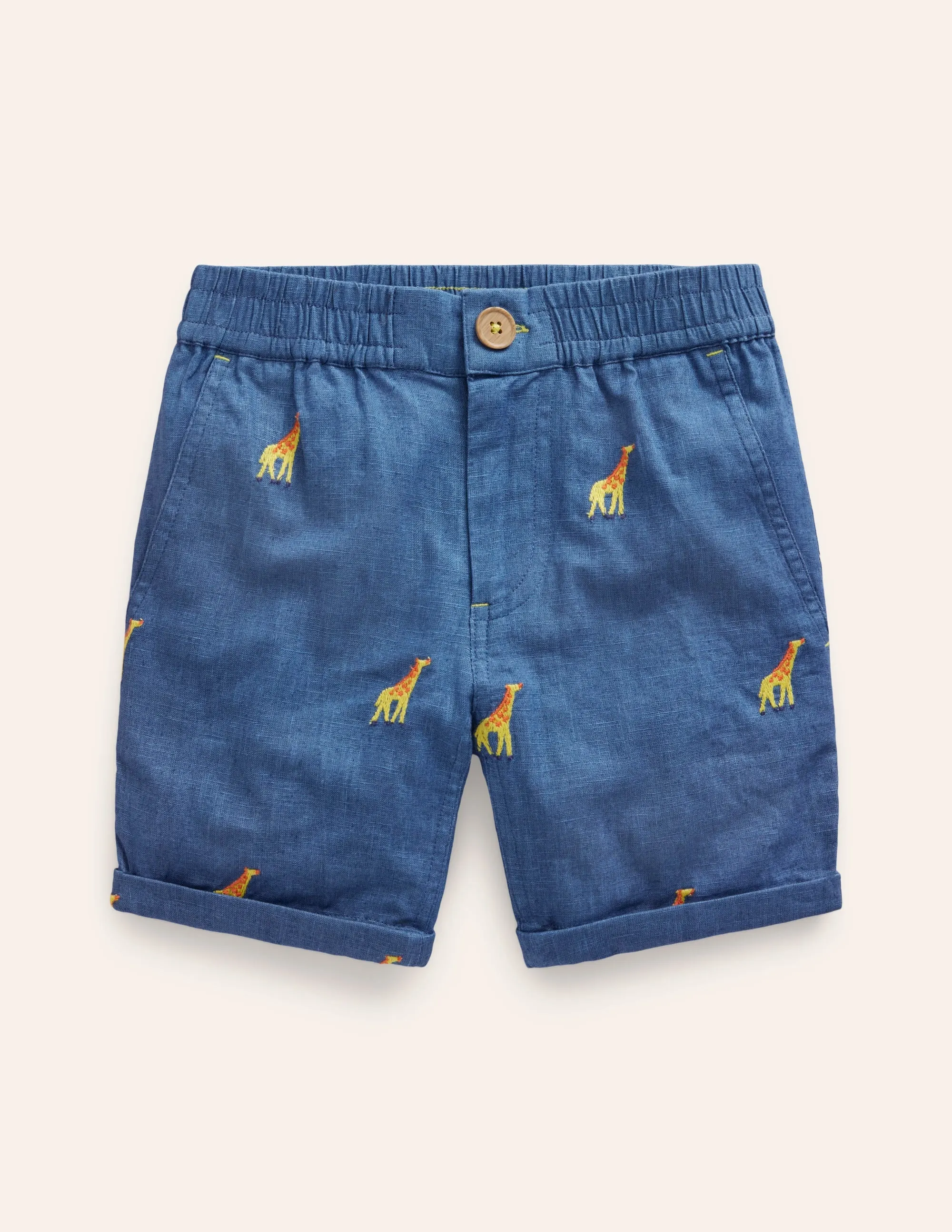 Smart Roll Up Shorts-Chambray Giraffe Embroidery