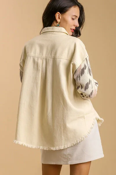 Umgee Distressed Detail Raw Hem Button Up Shacket