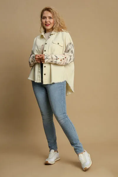 Umgee Distressed Detail Raw Hem Button Up Shacket