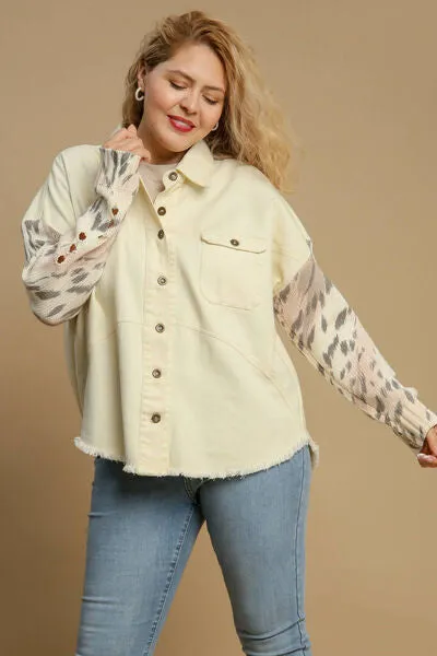 Umgee Distressed Detail Raw Hem Button Up Shacket