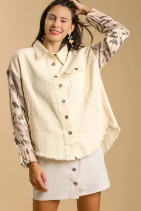 Umgee Distressed Detail Raw Hem Button Up Shacket