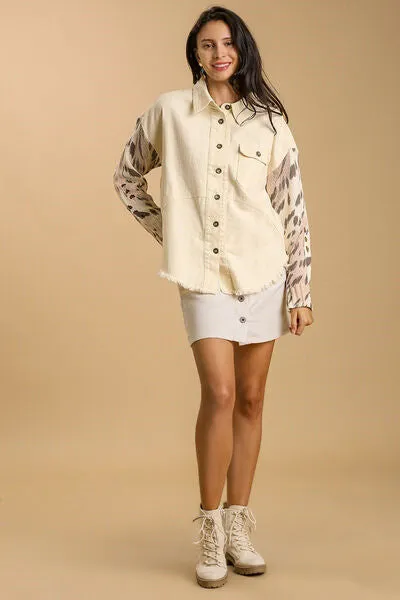 Umgee Distressed Detail Raw Hem Button Up Shacket