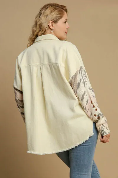 Umgee Distressed Detail Raw Hem Button Up Shacket