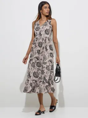 Utsa Beige Floral Patterned Cotton Tiered Dress