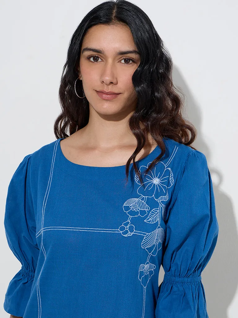 Utsa Indigo Embroidered Drop-Waist Cotton High-Low Dress