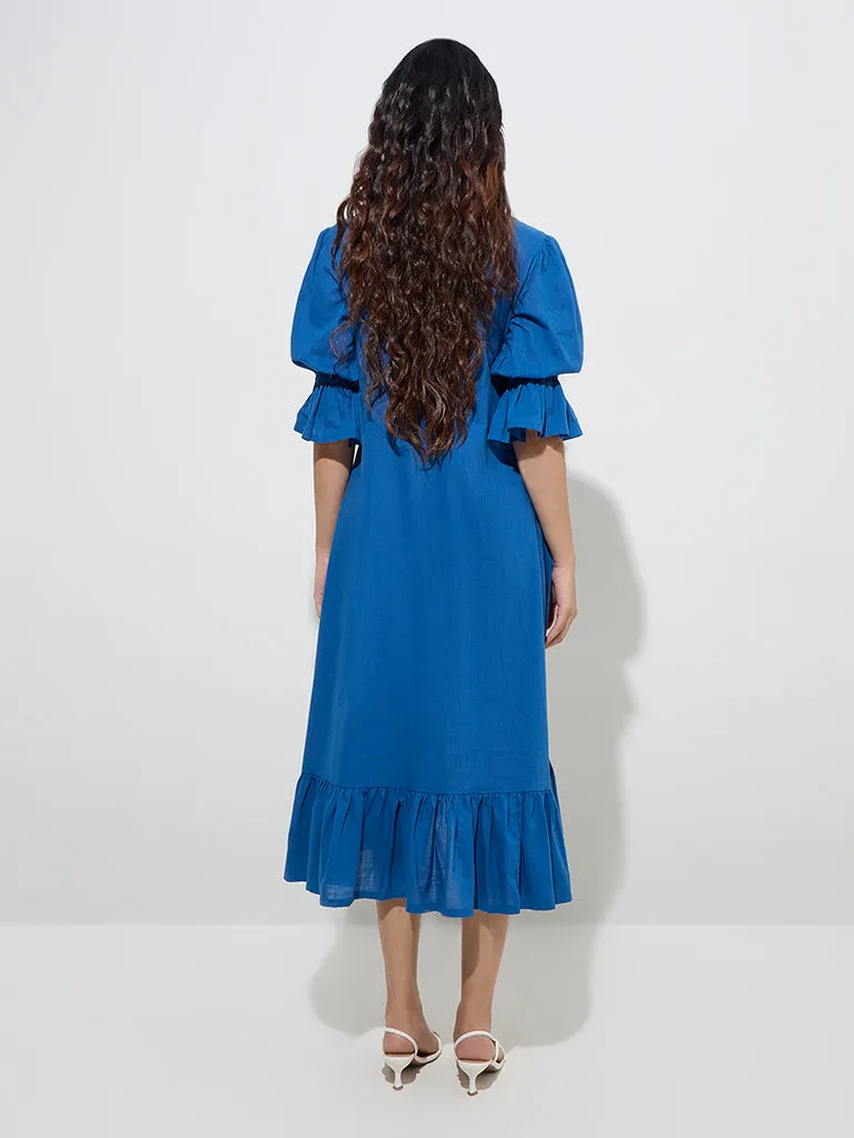 Utsa Indigo Embroidered Drop-Waist Cotton High-Low Dress
