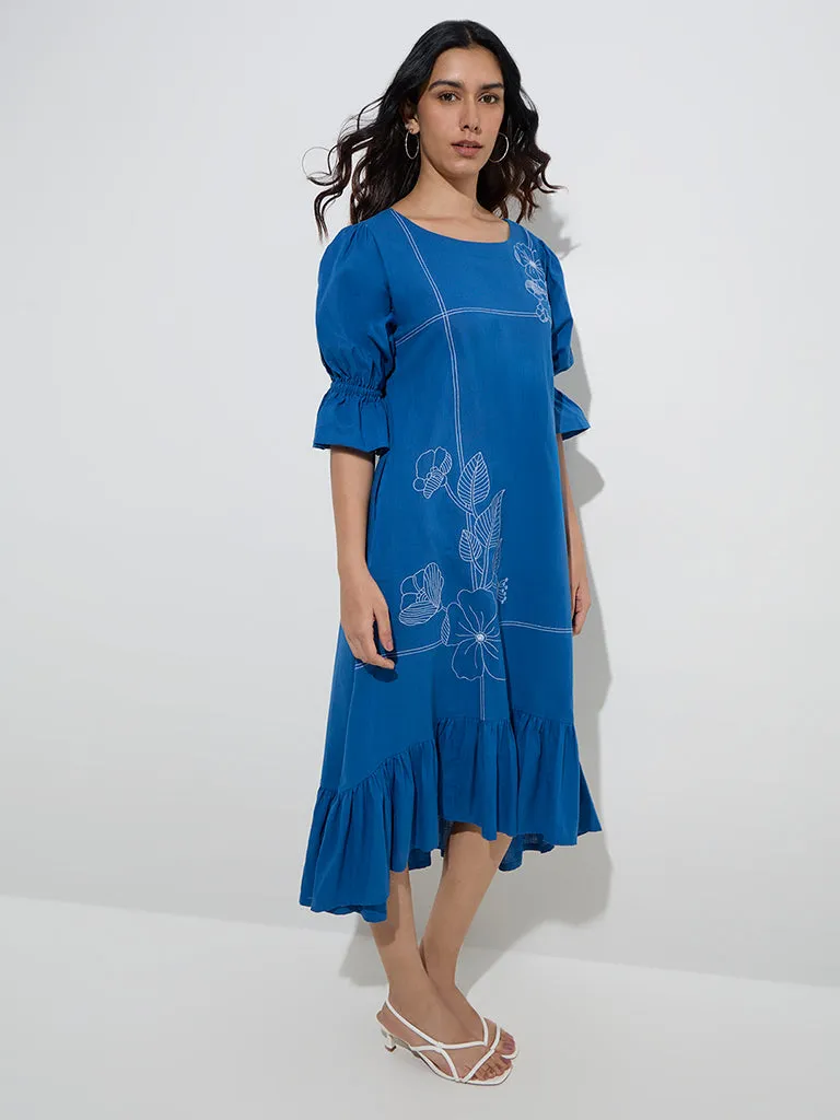 Utsa Indigo Embroidered Drop-Waist Cotton High-Low Dress