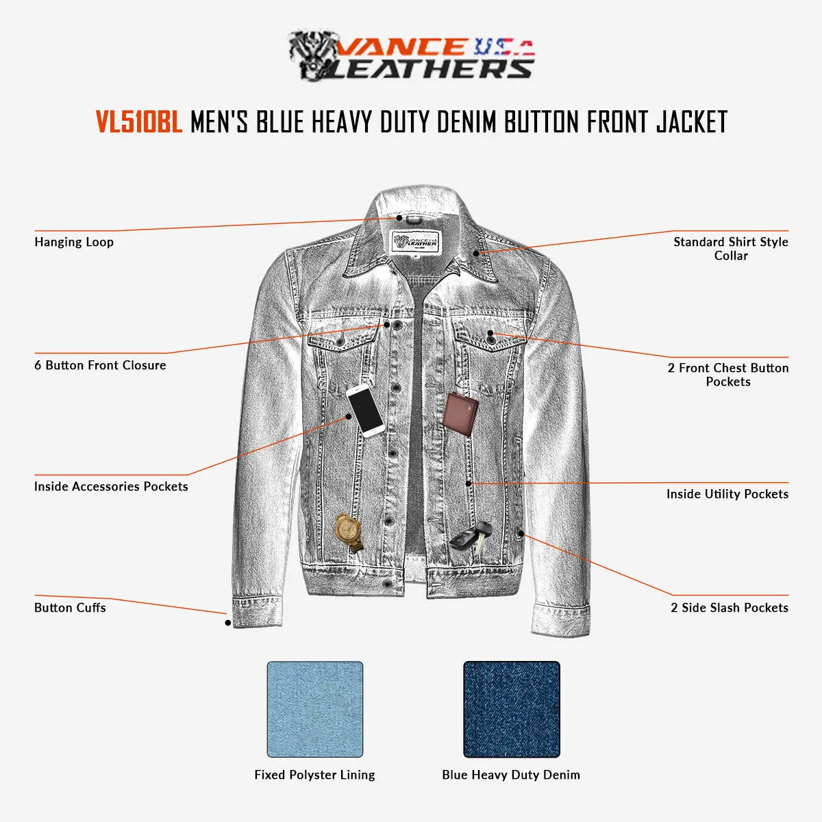 Vance Mens Blue Heavy Duty Denim Button Front Motorcycle Jacket, Jean Jacket for Men
