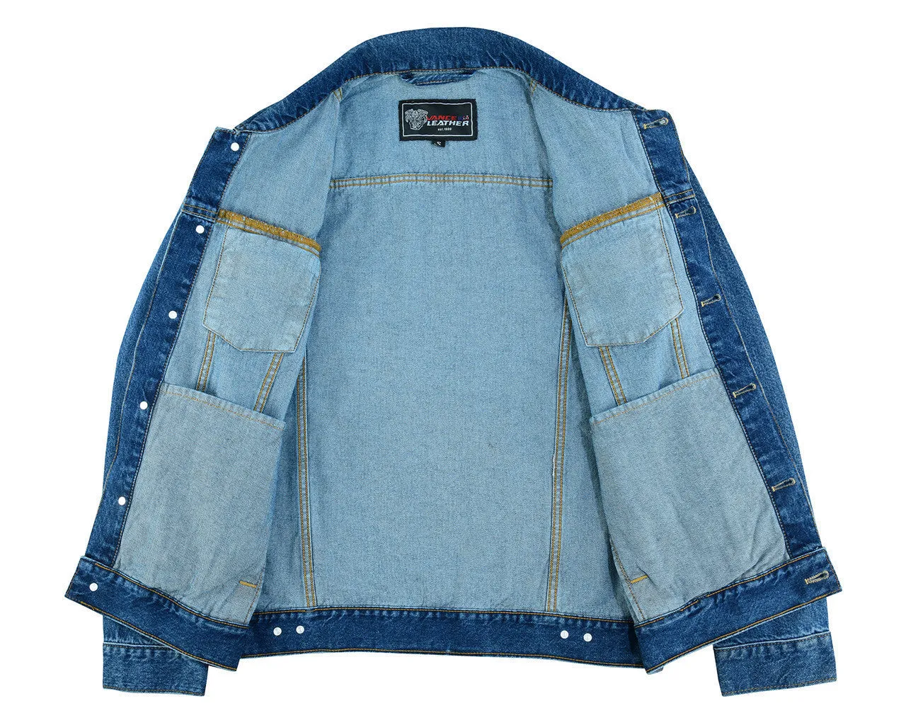 Vance Mens Blue Heavy Duty Denim Button Front Motorcycle Jacket, Jean Jacket for Men