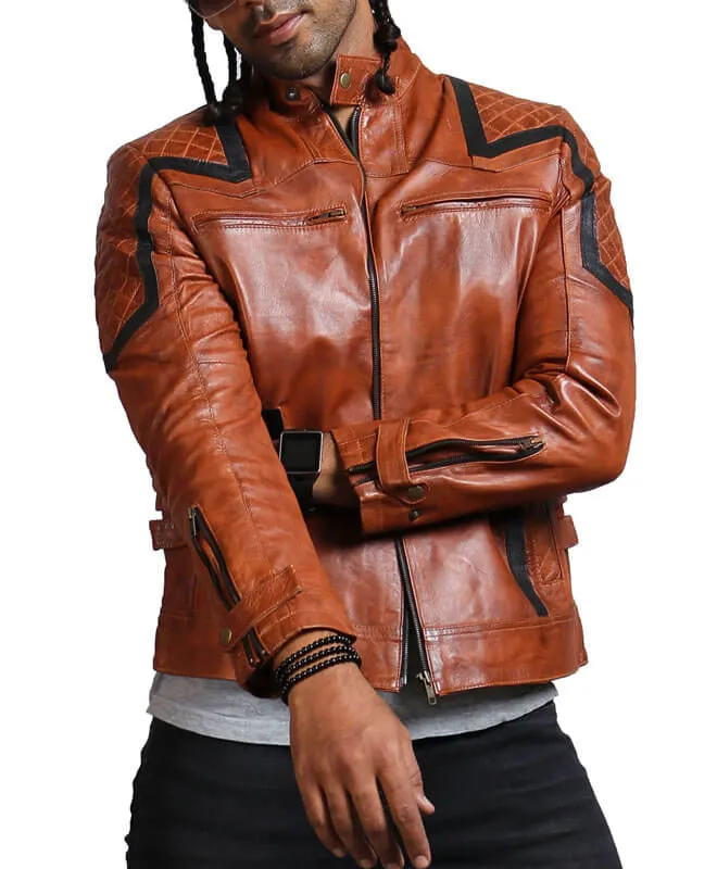 Vintage Black Stripes Brown Biker Jacket