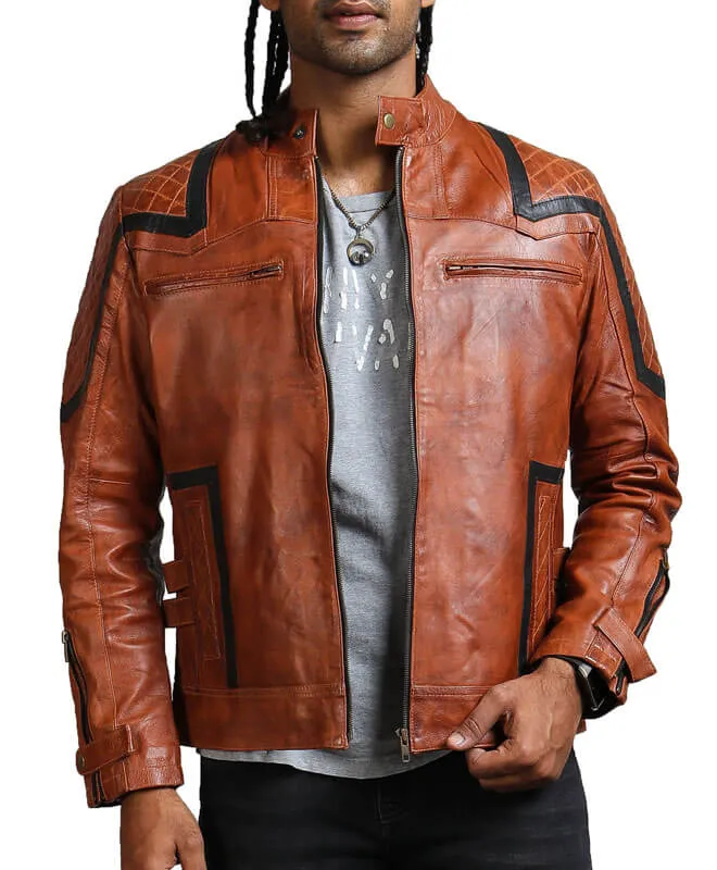 Vintage Black Stripes Brown Biker Jacket