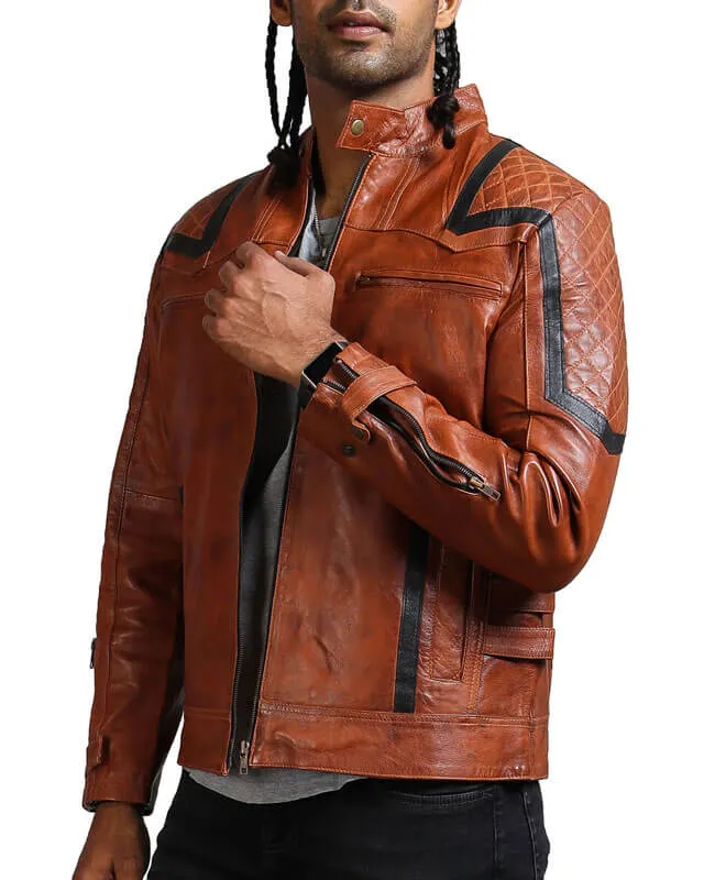 Vintage Black Stripes Brown Biker Jacket