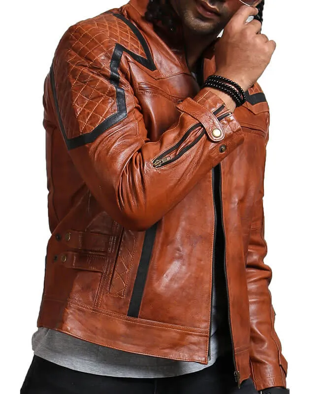 Vintage Black Stripes Brown Biker Jacket