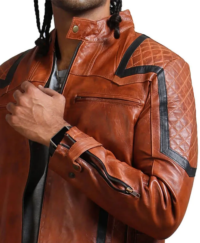 Vintage Black Stripes Brown Biker Jacket