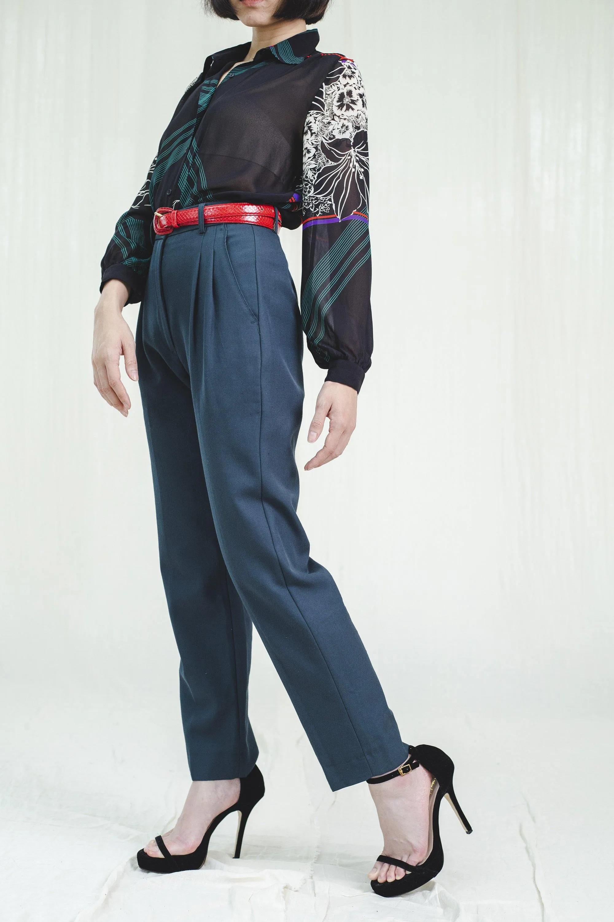 Vintage Deep Green High Waisted Polyester Trousers