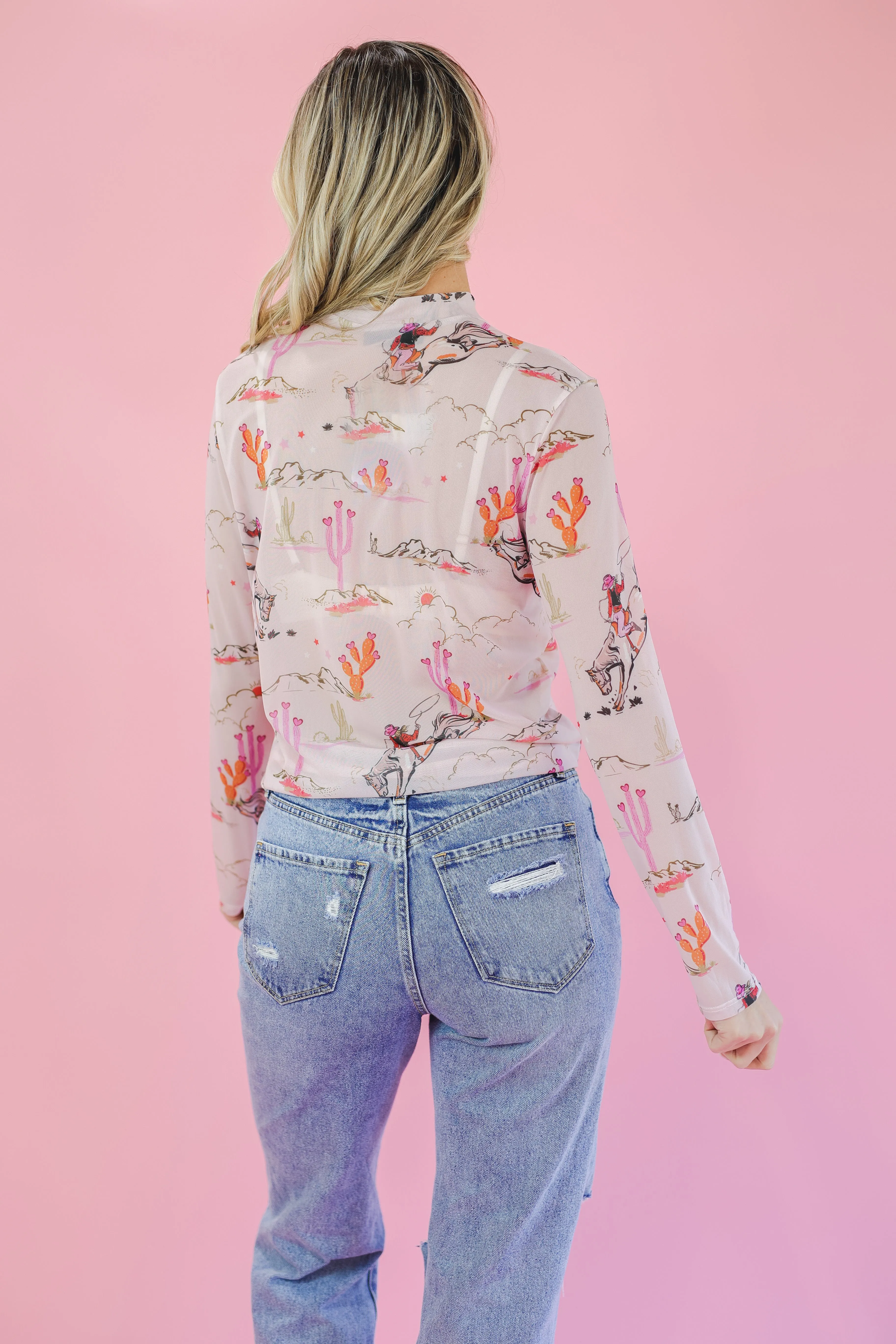 Western Cowboy Print Mesh - Blush