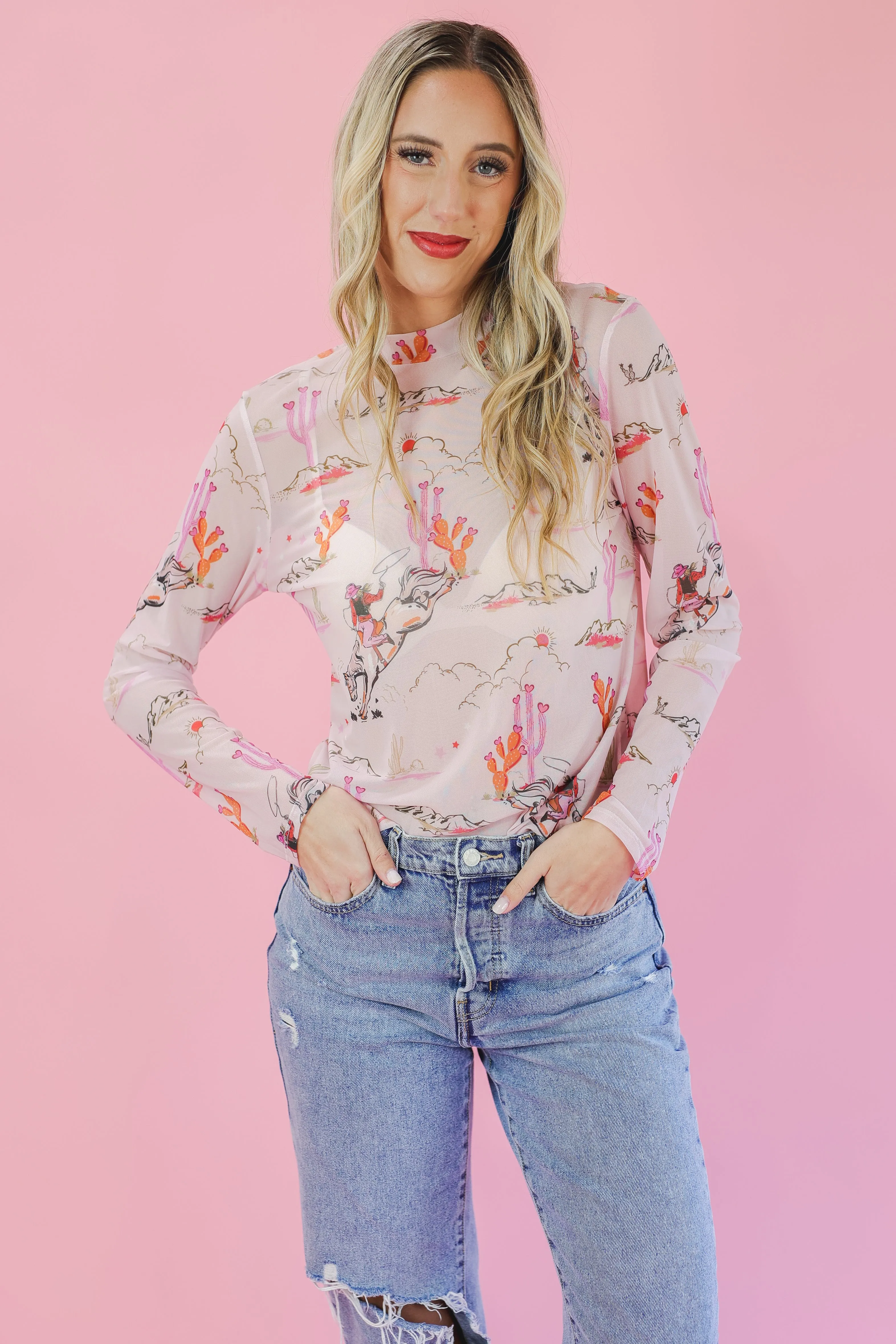 Western Cowboy Print Mesh - Blush
