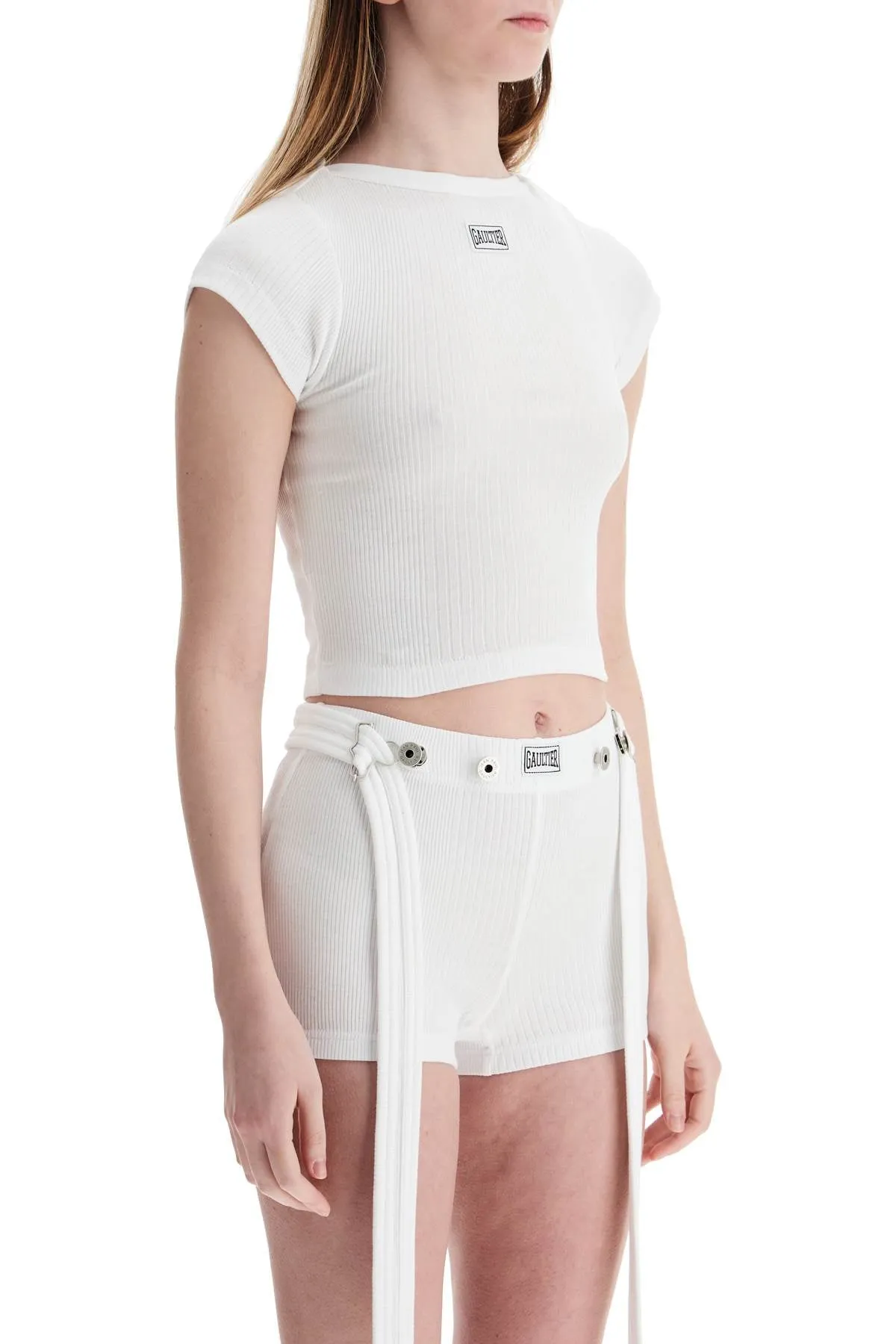 white cotton crop t-shirt with gaultier logo TS105P J054 WHITE