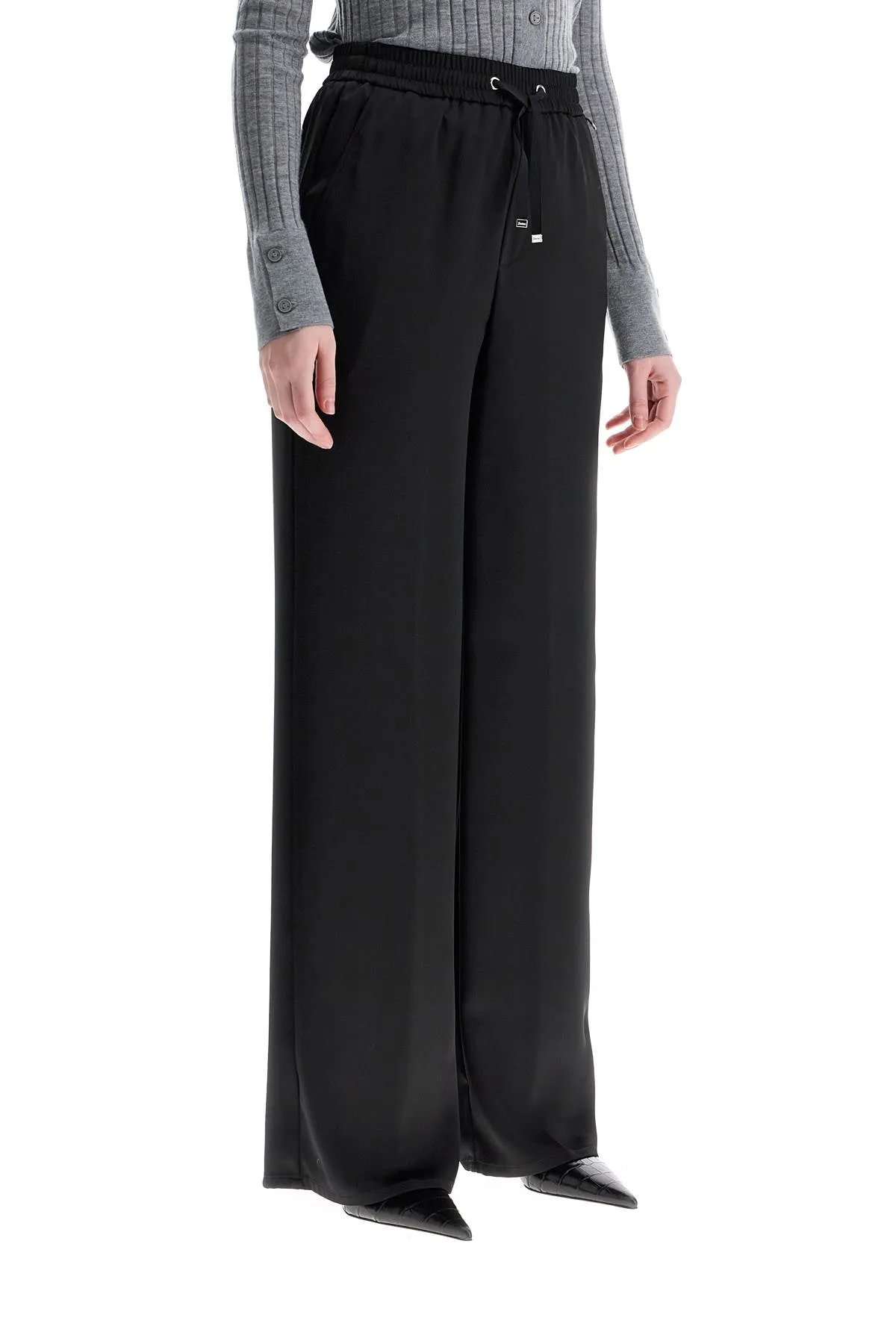 wide leg high waist black satin trousers for women