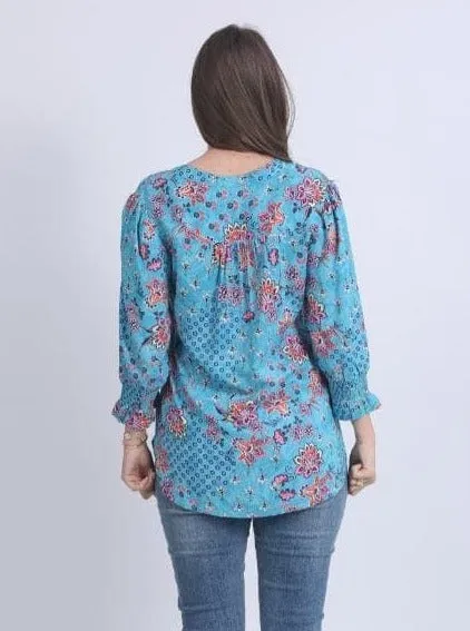 Winter Long Sleeves Floral Sky Top Blue Print