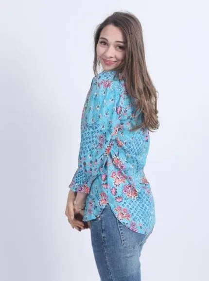 Winter Long Sleeves Floral Sky Top Blue Print
