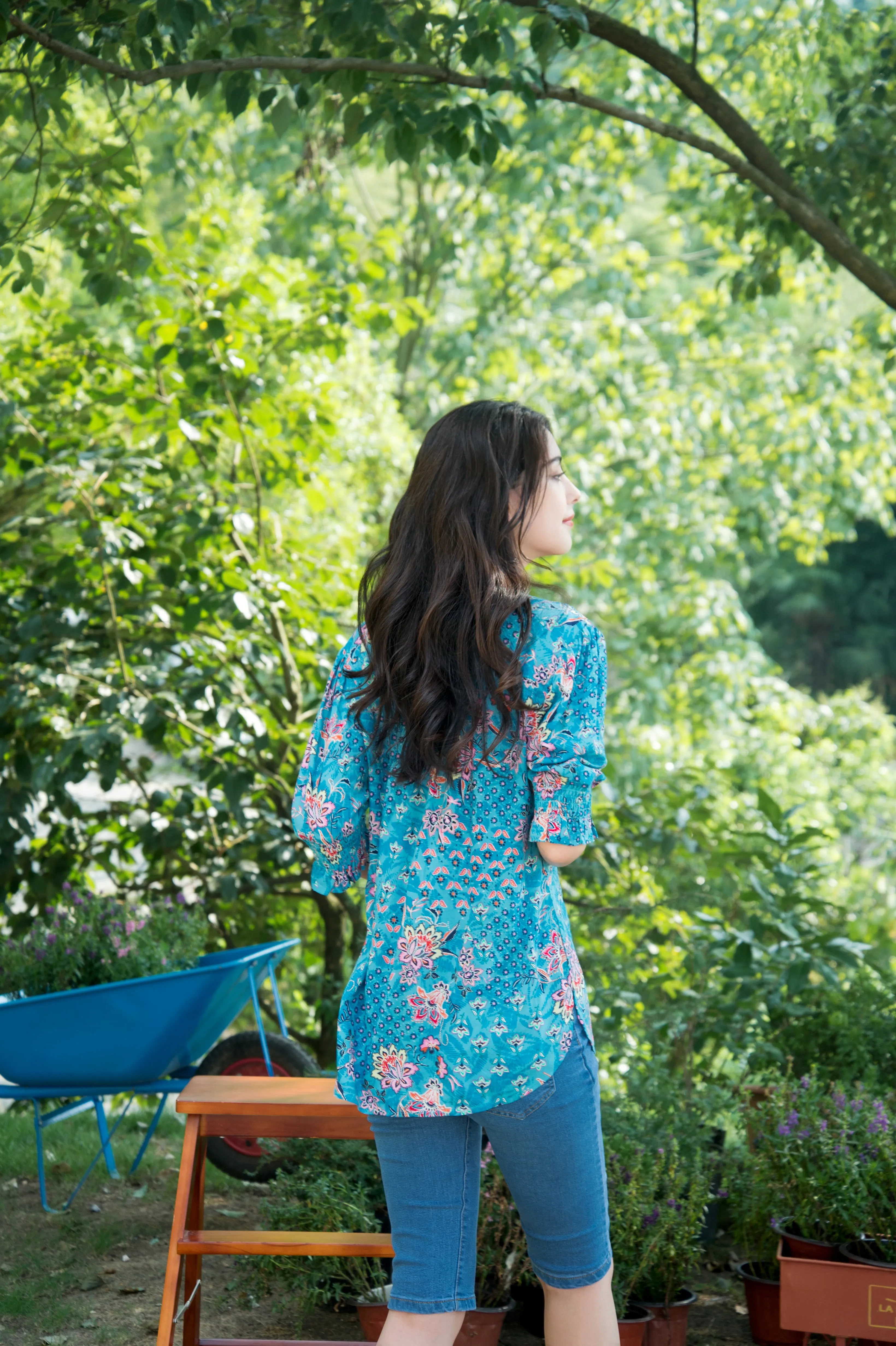 Winter Long Sleeves Floral Sky Top Blue Print