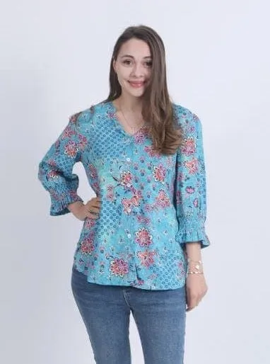Winter Long Sleeves Floral Sky Top Blue Print
